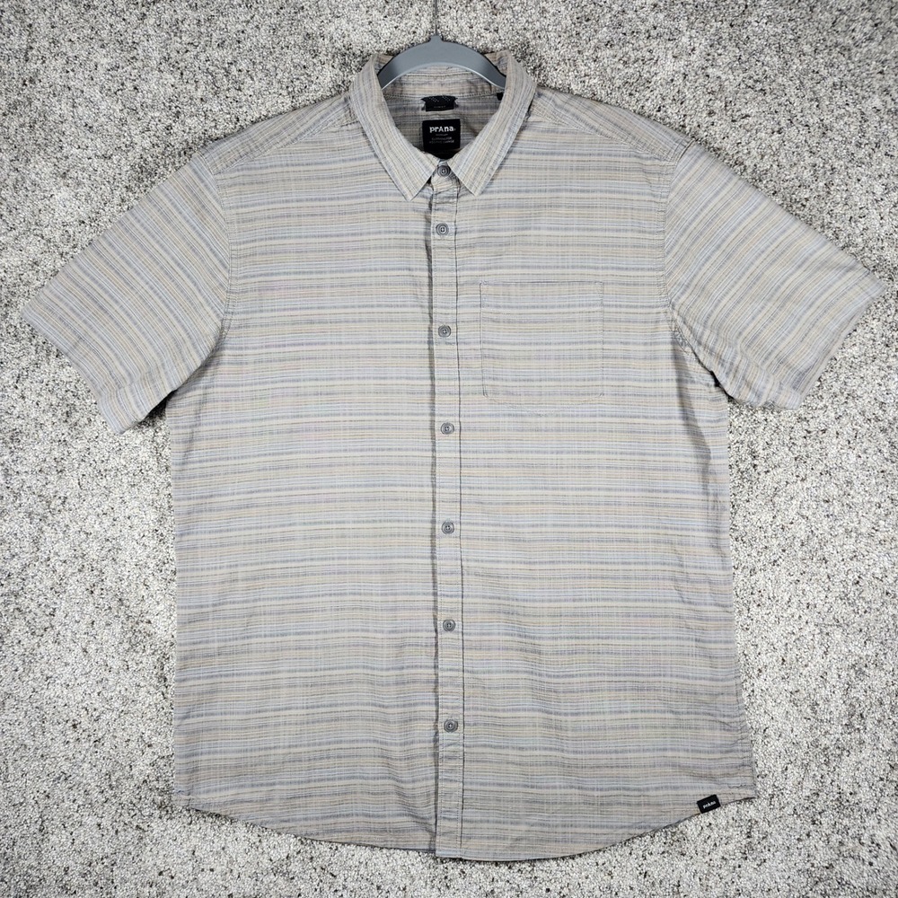 prAna Button Down Shirt Mens Large Slim Fit Striped Chest Pocket Excellent